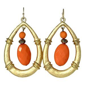 Gold-Tone Coral Orange Large Teardrop Dangle Earrings Statement